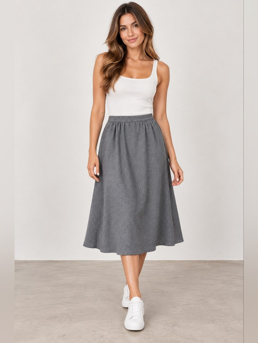 Marie France Grey 100% Wool Midi Skirt